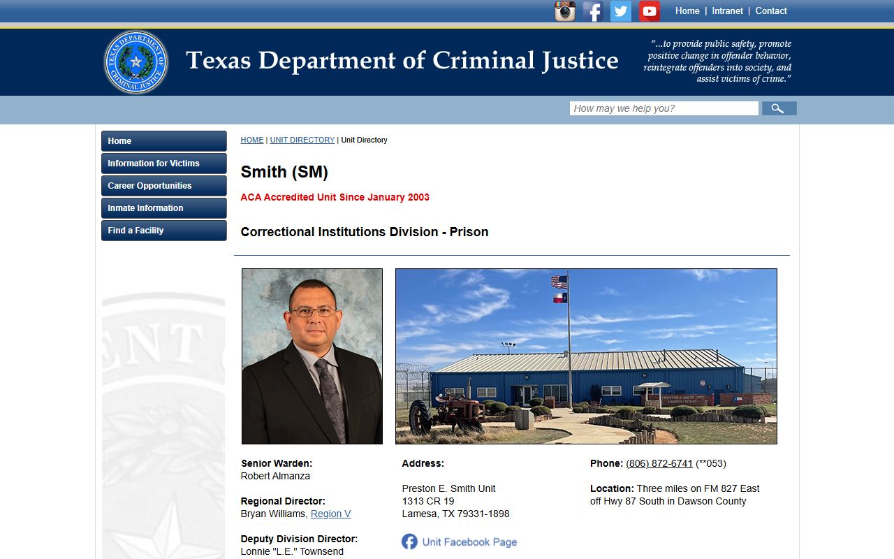 Preston E. Smith Unit TDCJ inmate lookup facility page